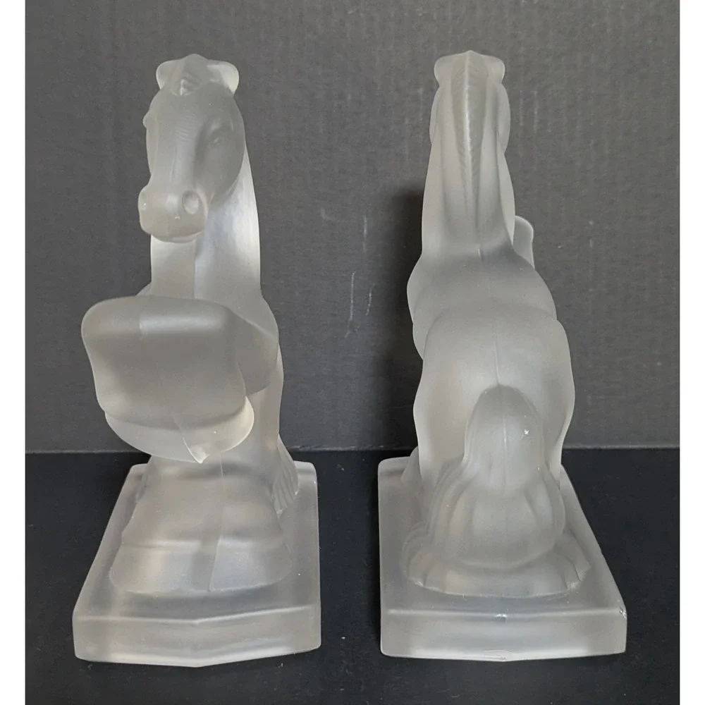 Vintage L.E. Smith Frosted Glass Rearing Horse Bookends Pair – Art Deco 1940s